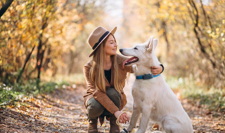 Hund mit Frauchen im Wald trägt Tractive GPS Tracker