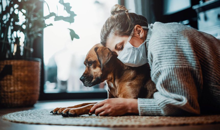 Hund und Hundebesitzerin mit Maske