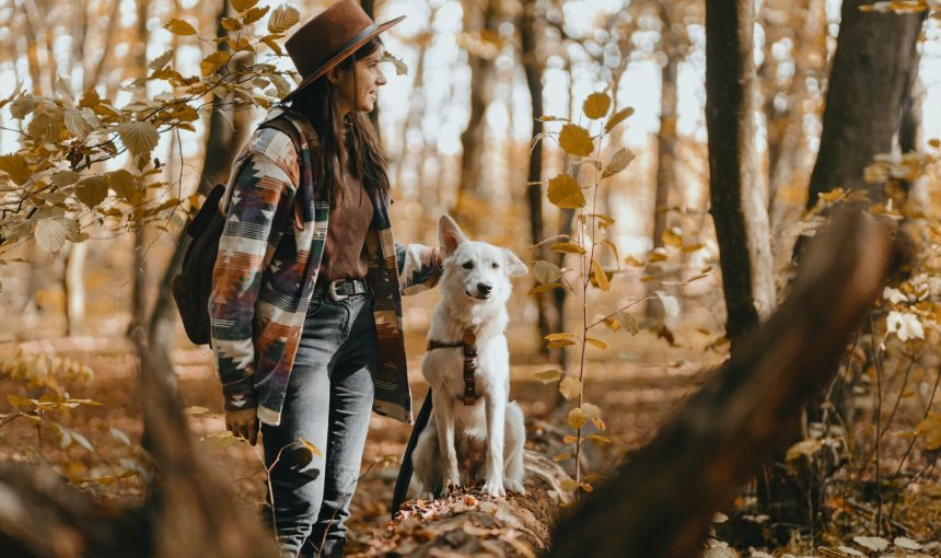 A woman leading a white dog on a leash through the woods