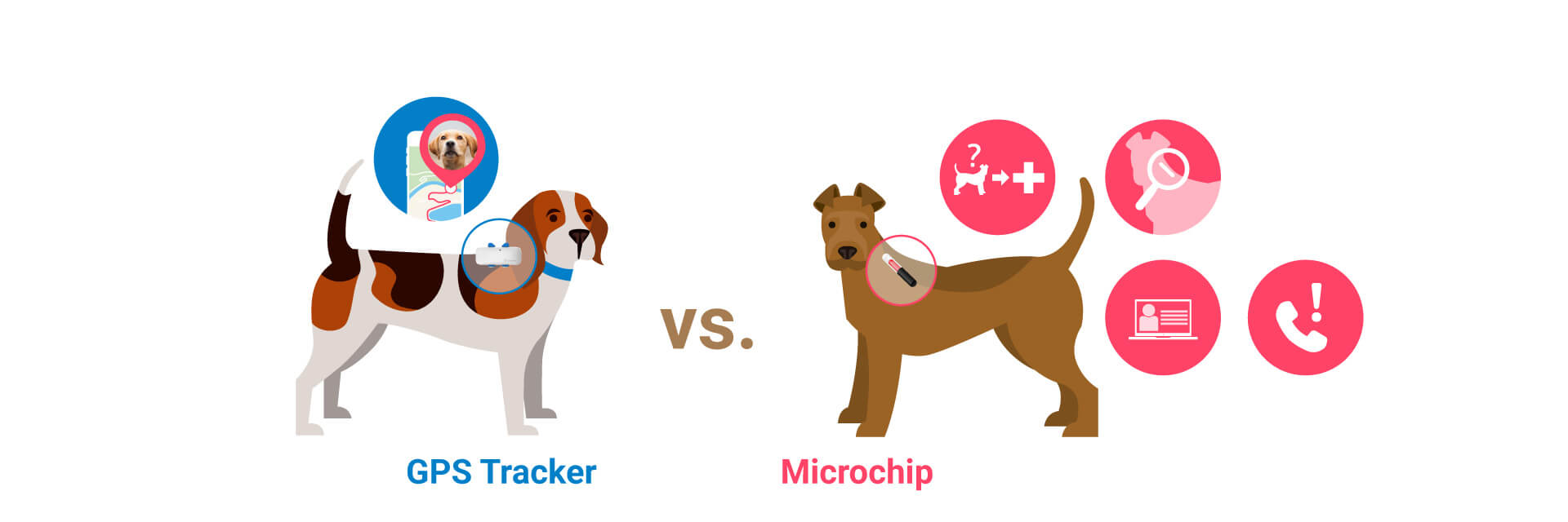 illustration of two dogs: one wearing a microchip and the other wearing a GPS tracker, dog tracker chip