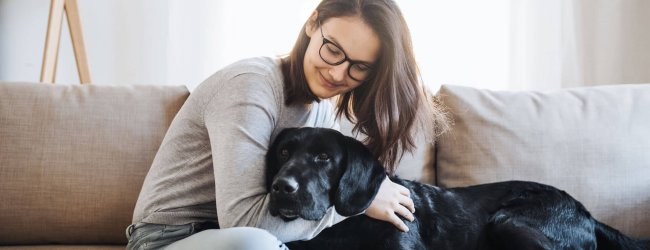 jeune femme et chien noir assis sur le canapé pendant le confinement du coronavirus