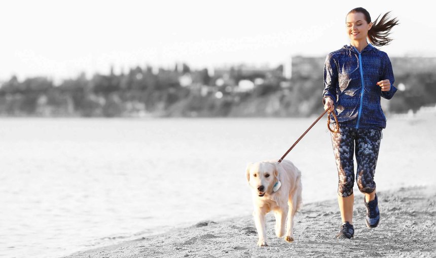 femme faisant du jogging sur la plage avec son chien à la laisse qui porte un GPS Tractive