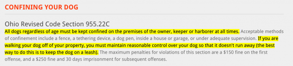 Dog Leash Laws example from Franklin County, Ohio, USA