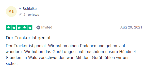 Bewertung des Trackers auf Trustpilot hinsichtlich Wanderungen mit Hund