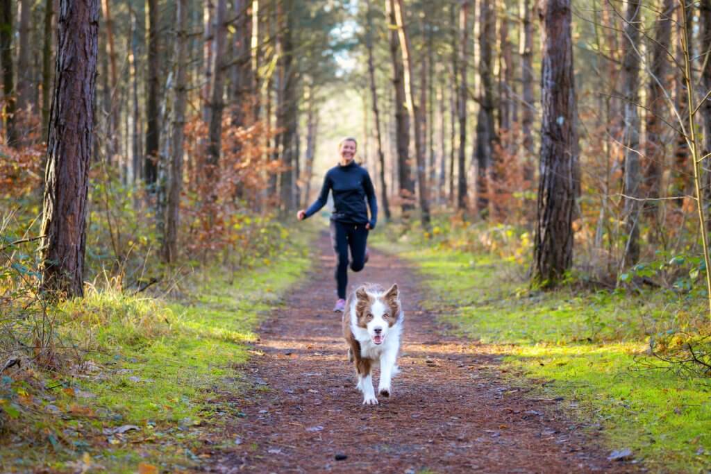 Femme courant dans la foret derriere son chien