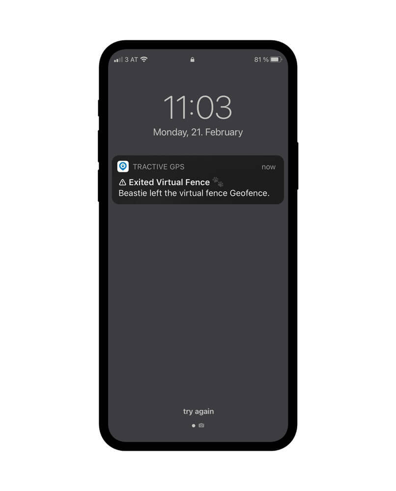 Tractive GPS notis på smartphone om virtuellt staket