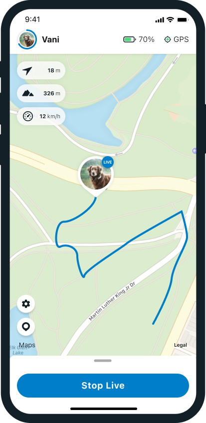 Capture d'écran des fonctionnalités de l'application GPS Tractive Suivi en direct