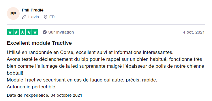 capture d'écran d'un avis Trustpilot par un utilisateur de GPS tractive