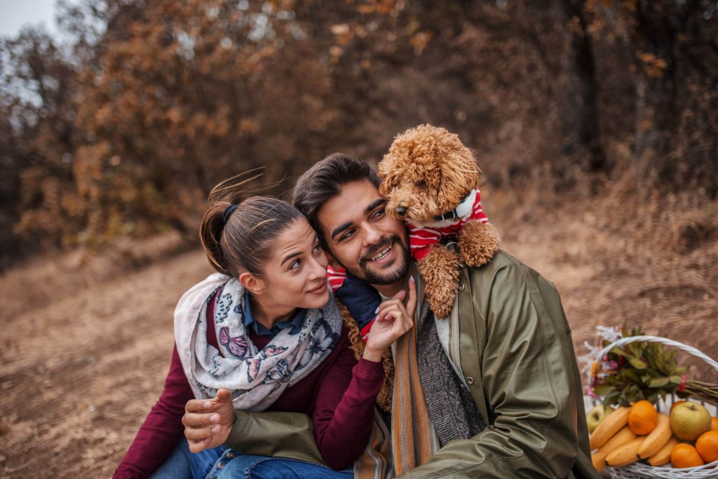 Jeune couple assis à la lisière d'une forêt en automne avec un panier de victuailles et un jeune chiot portant un GPS Tractive