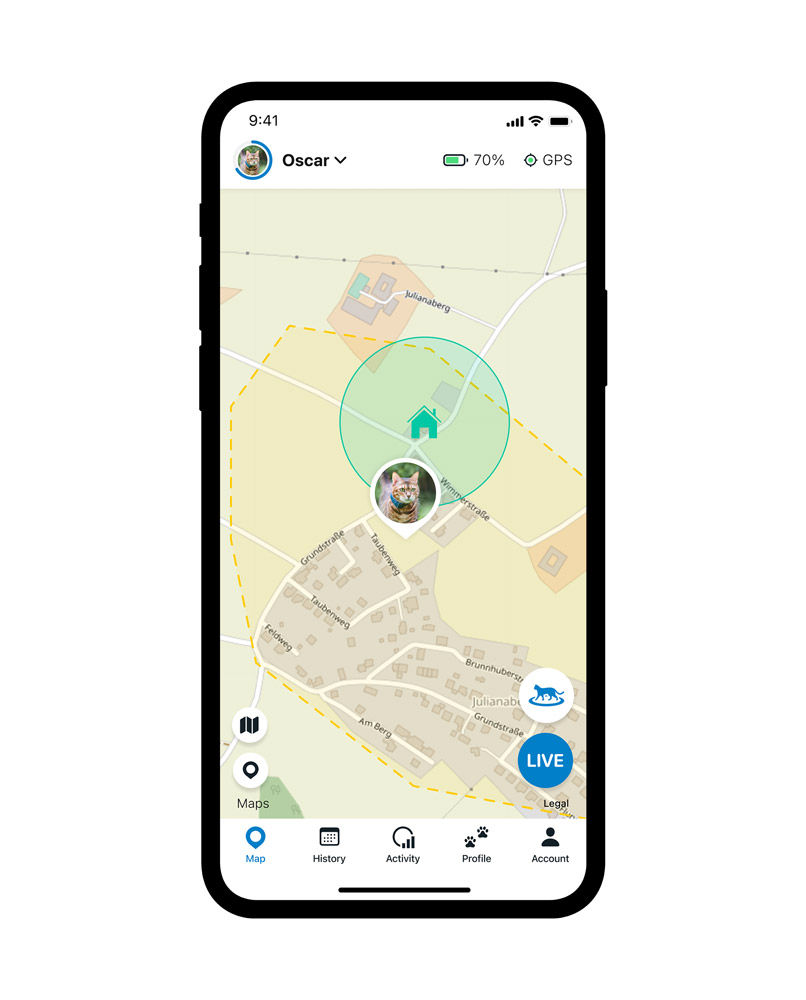 capture d'écran de l'application Tractive montrant le territoire du chat