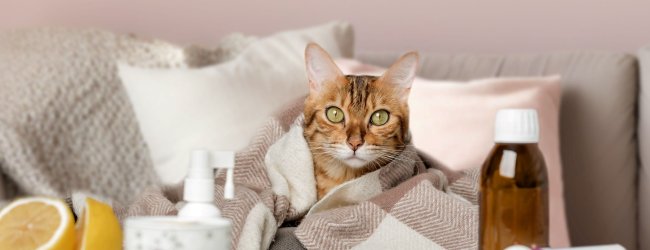 A sneezing cat sitting on a couch, surrounded by medicines