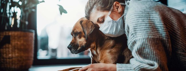 femme portant un masque couchée sur un tapis avec son chien