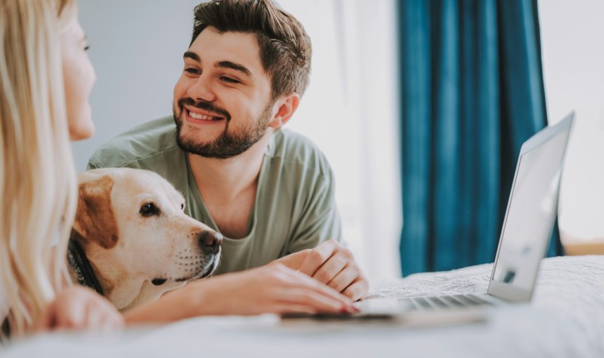 A couple checking insurance plans online along with their dog