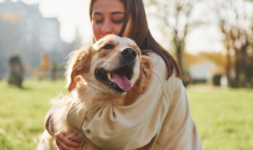 A woman hugging an older dog at a park