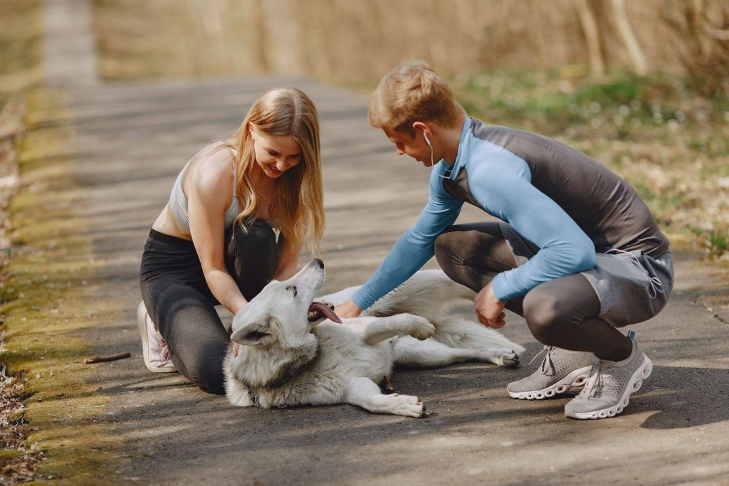 deux jeunes personnes en habits de sport caressant un chien blanc par terre sur un chemin de campagne