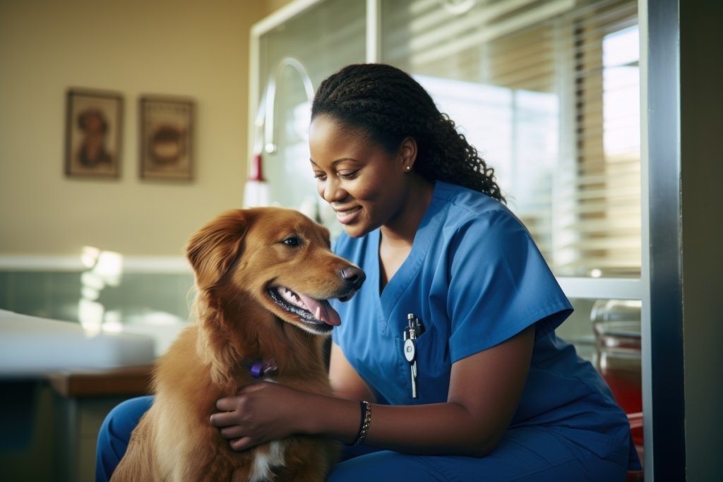 A dog spending time with a vet at her office