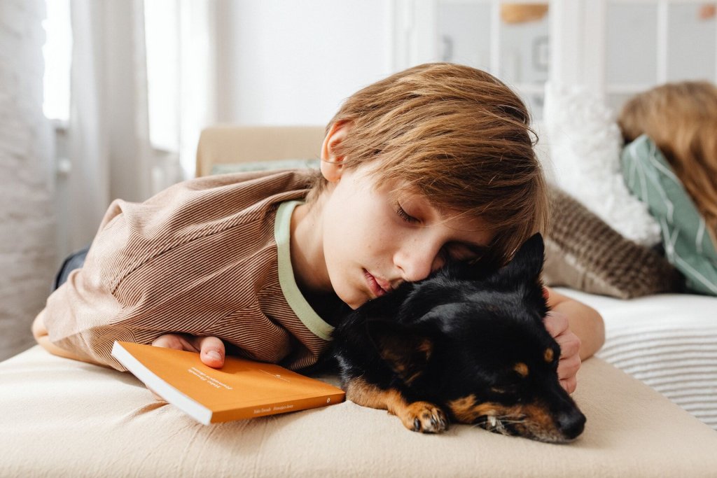 A child hugs a dog for comfort