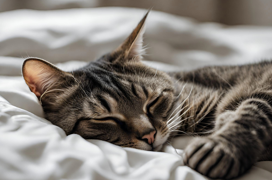 A cat sleeping on its side