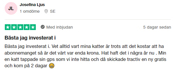 Omdöme om Tractive GPS på TrustPilot