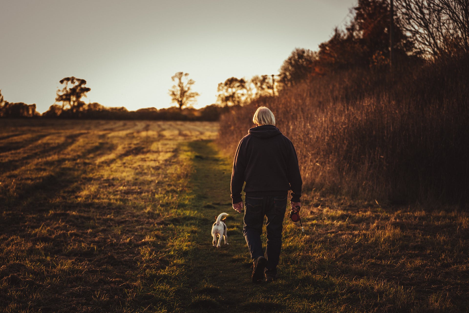 En mann som går tur med en liten hund utendørs