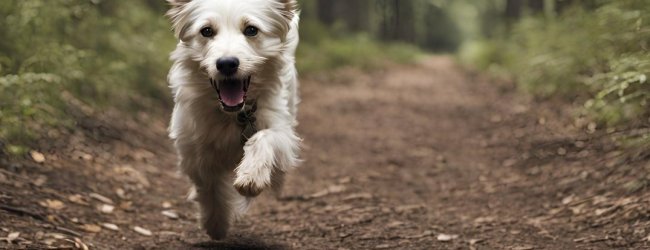 Een hond die wegrent in een bosrijk gebied