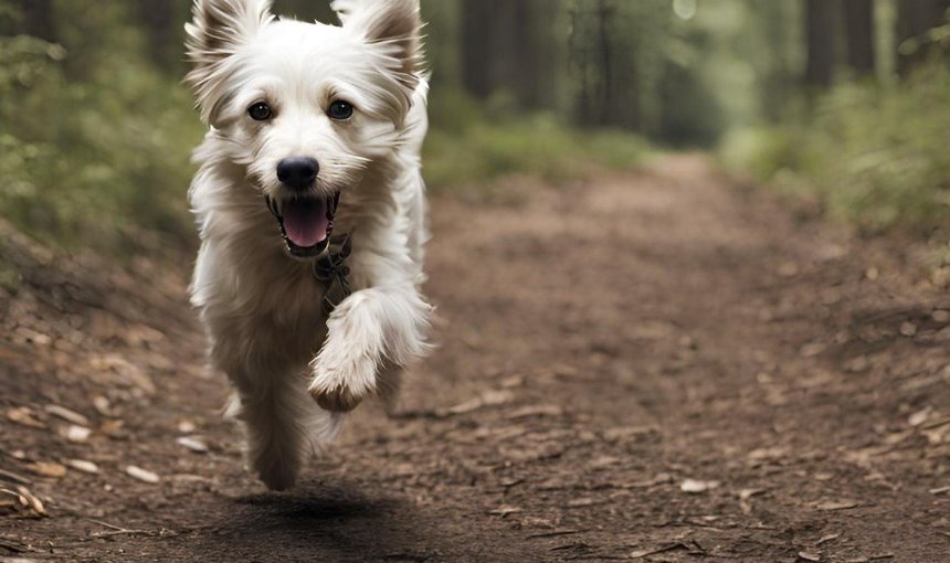 Een hond die wegrent in een bosrijk gebied