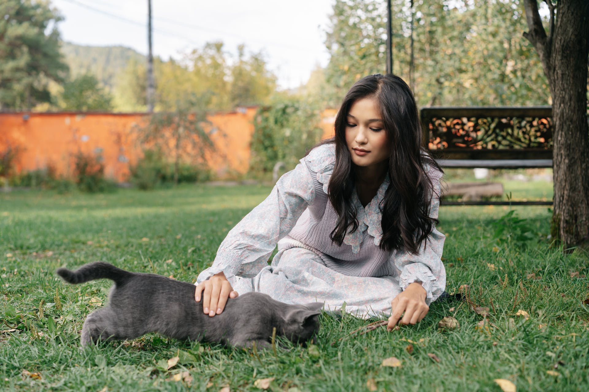 A woman sitting in a garden with her cat