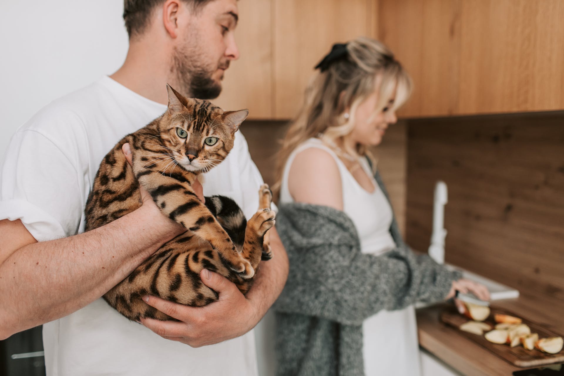 A man carrying a cat away from a kitchen while a woman slices apples in the background