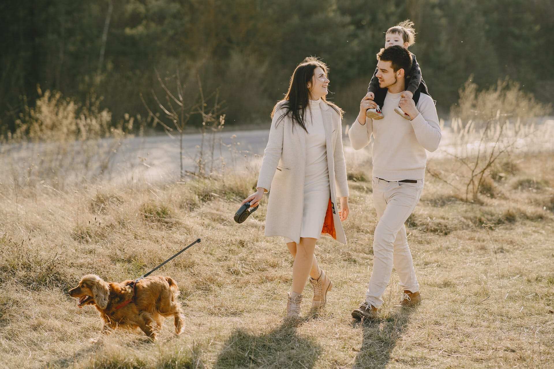 jeune couple avec enfant tenant un petit chien en laisse se promenant au bord d'un sentier