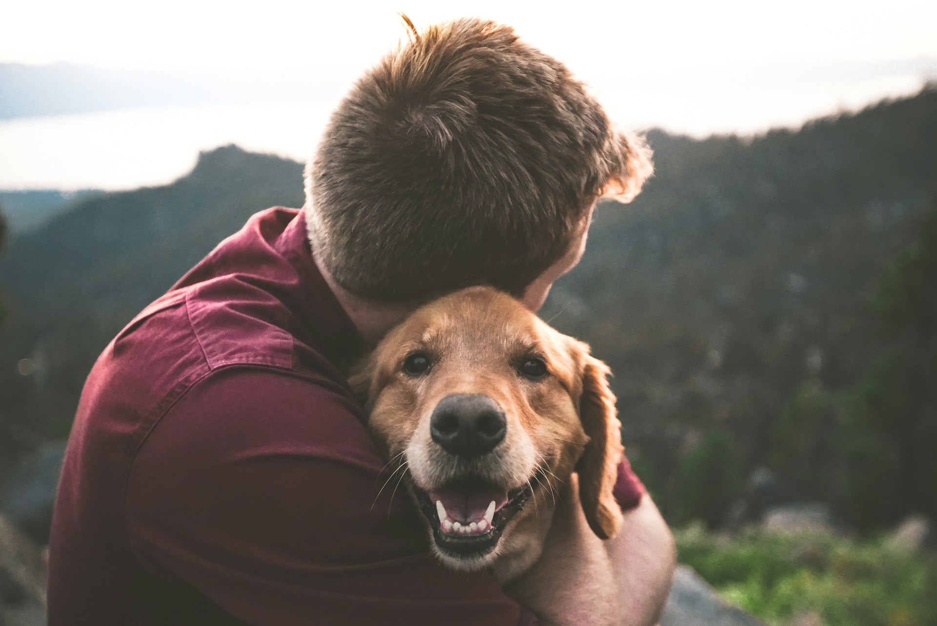 A man hugging his dog outdoors