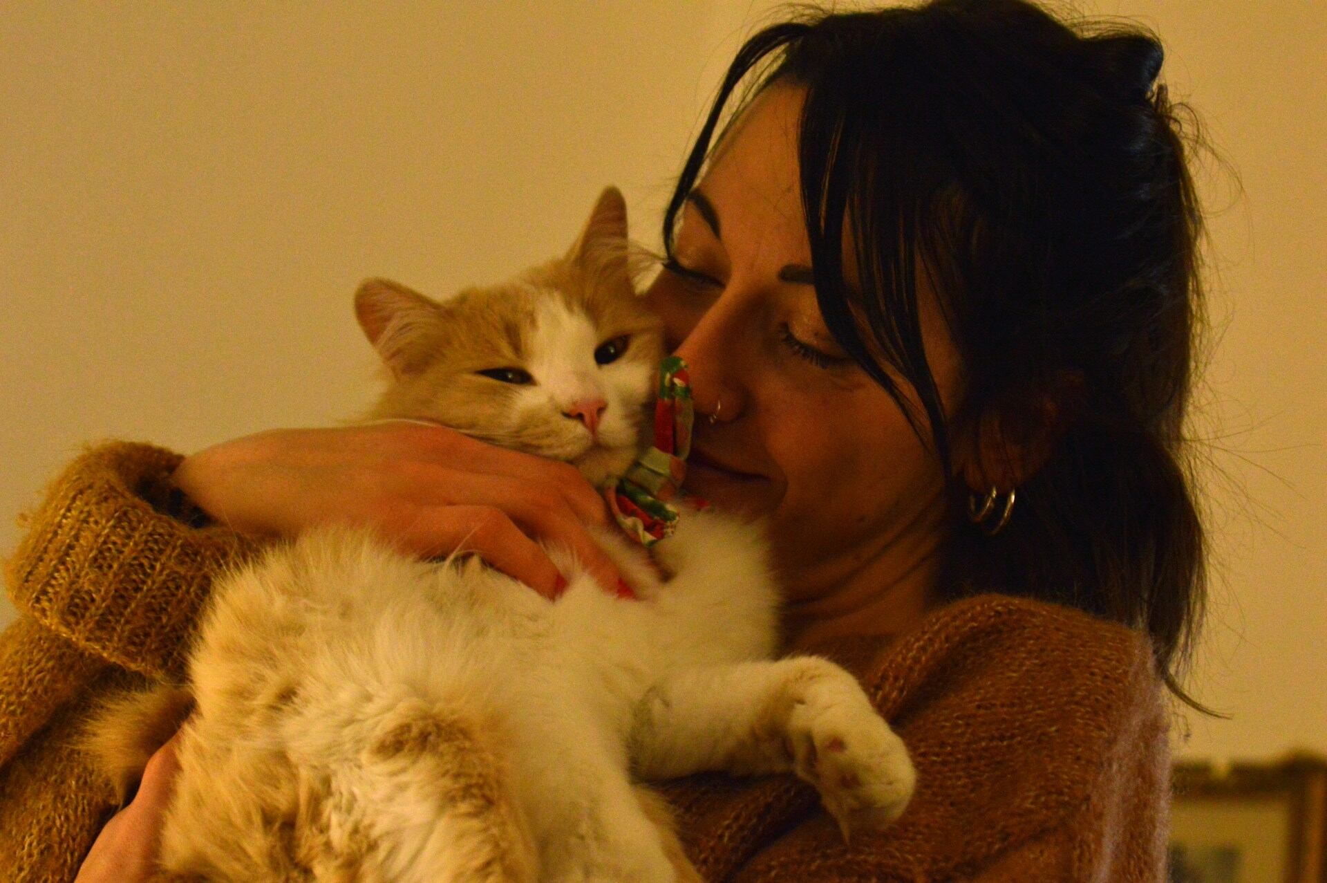 A woman hugging a cat