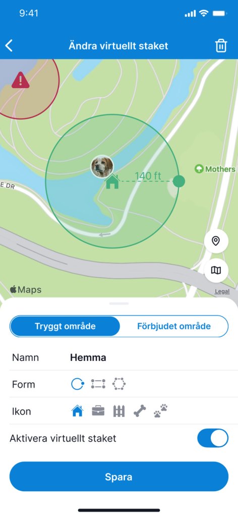 Skärmbild av Tractives virtuella staket