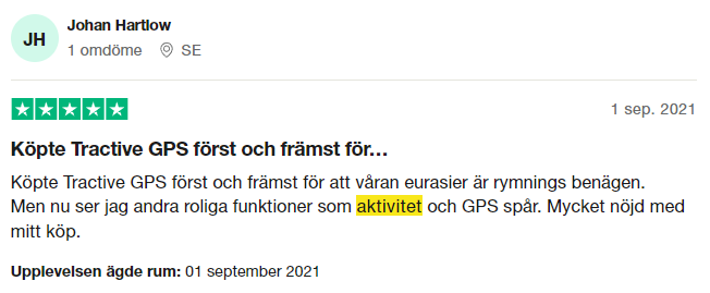 Trustpilot-omdöme om Tractive