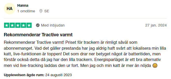 Trustpilot-omdöme om Tractive