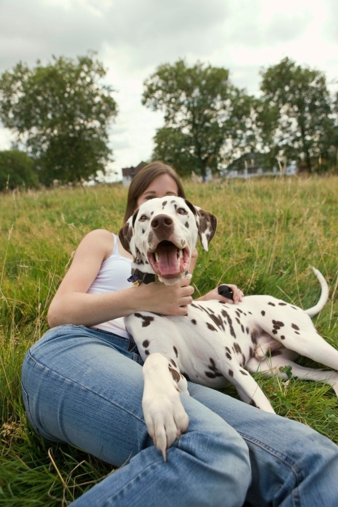 A woman and Dalmatian sitting in a garden