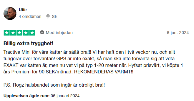 Trustpilot-omdöme om Tractive