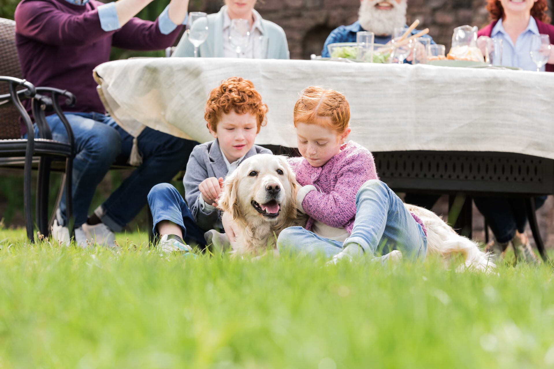 A pair of children sitting in the grass with a Golden Retriever