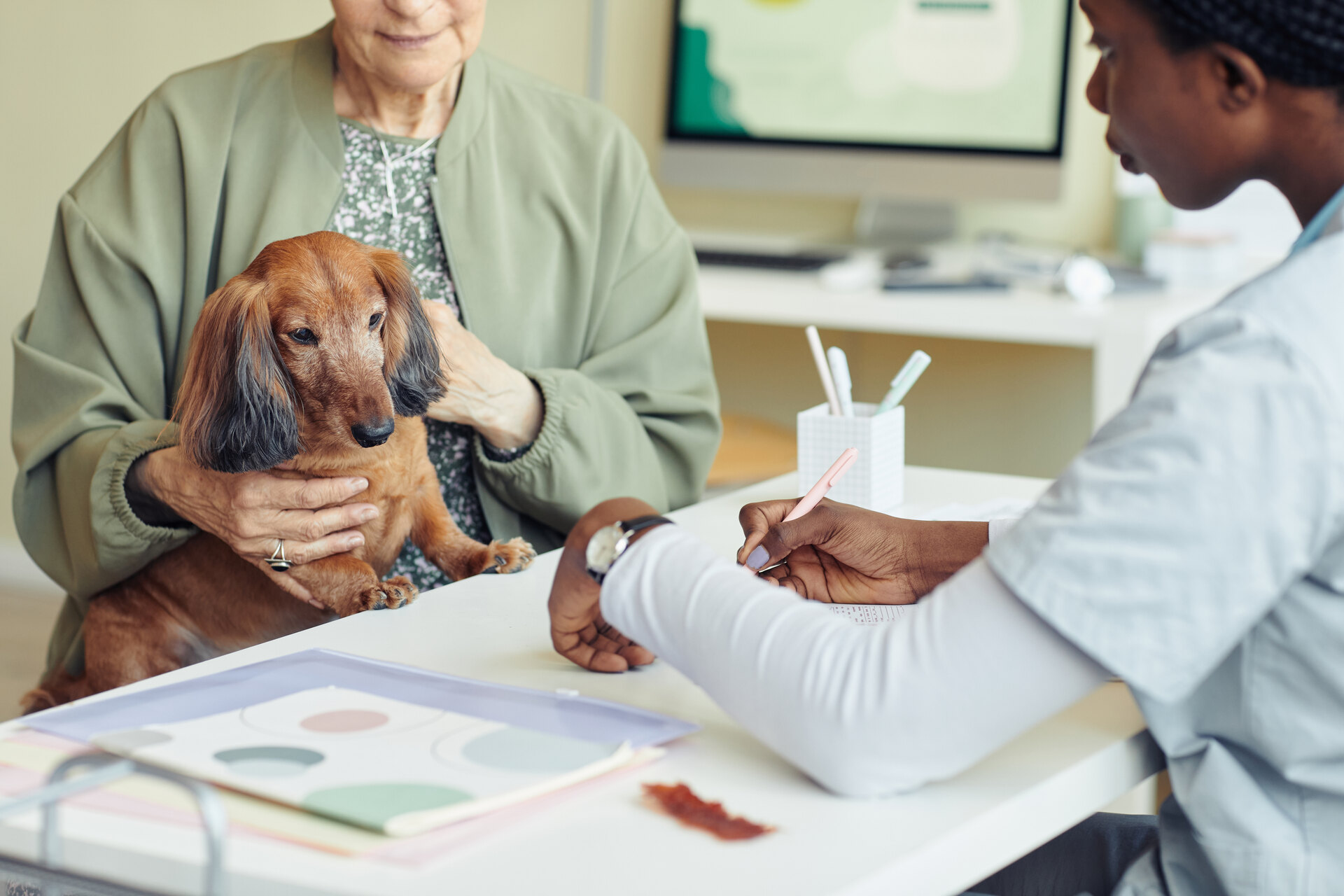 A woman paying for her vet bill at a clinic