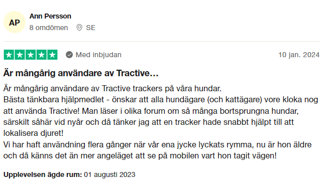 Trustpilot-omdöme om Tractive