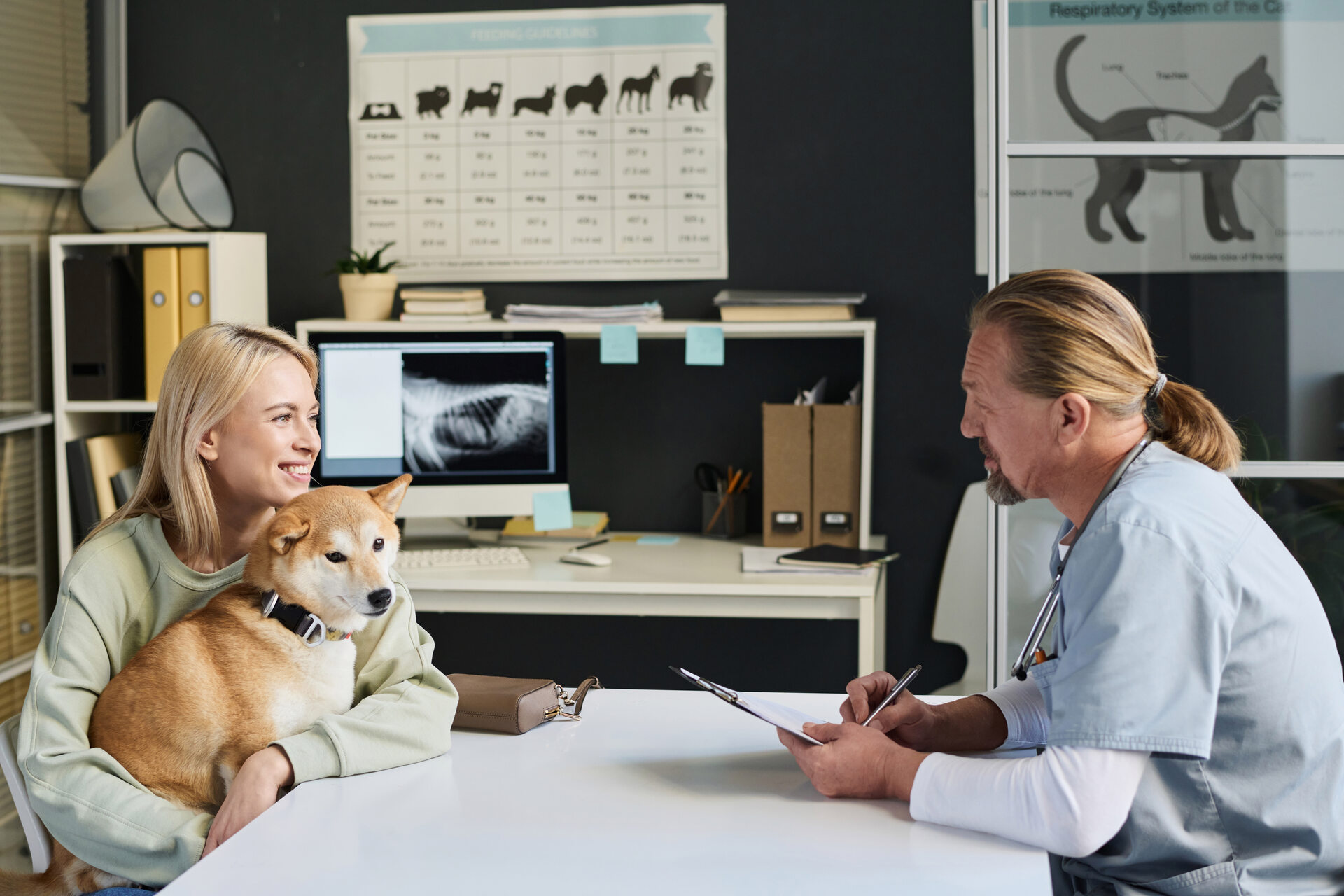 A woman and her dog visiting the vet