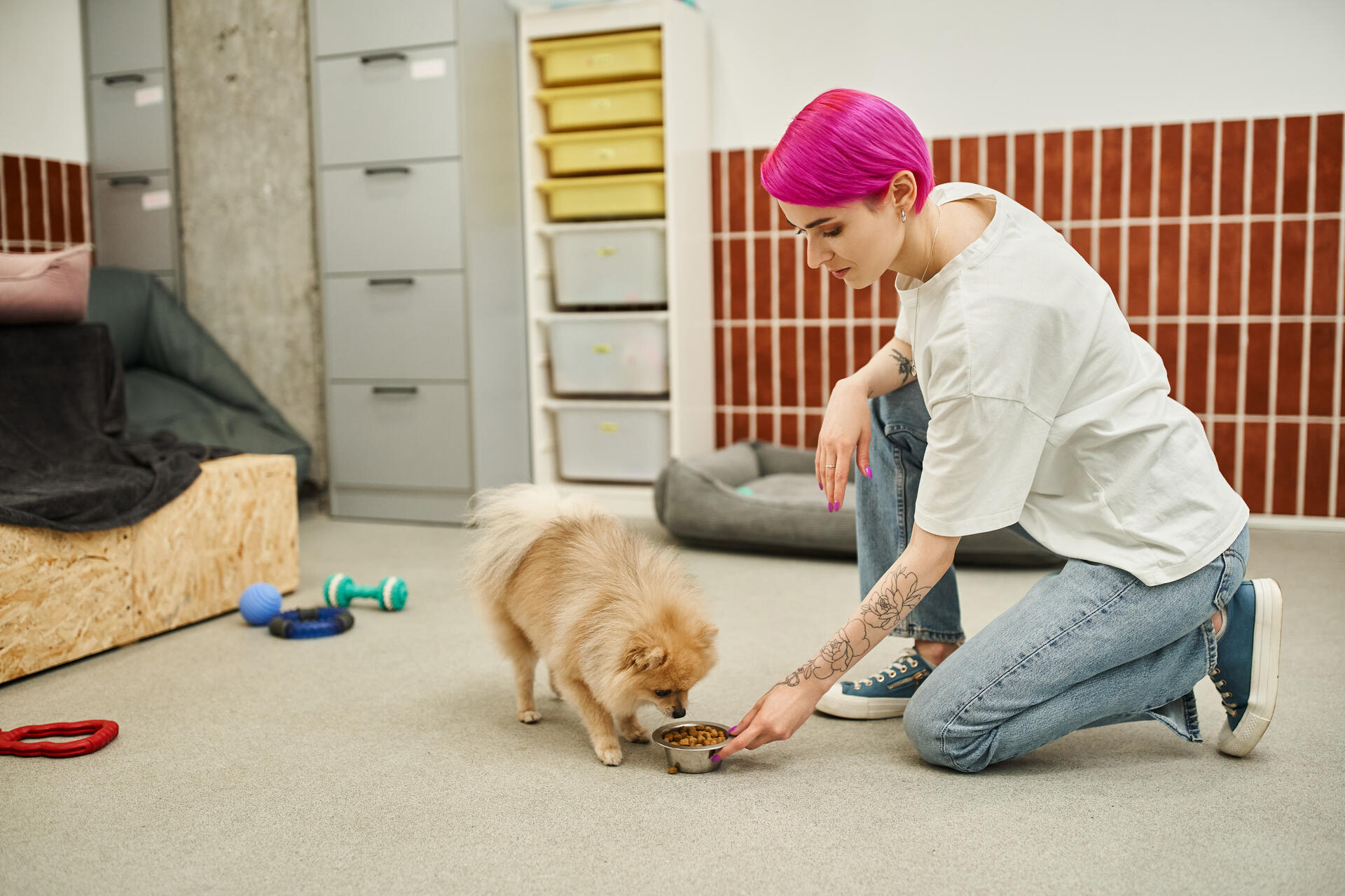 A woman training her dog to "Stay" before eating a meal