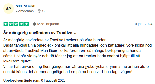 Trustpilot-omdöme om Tractive