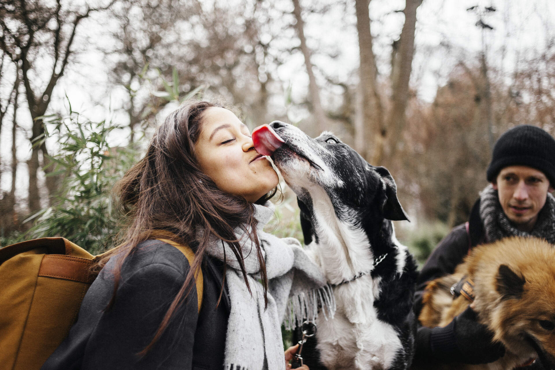 A dog licking a woman outdoors