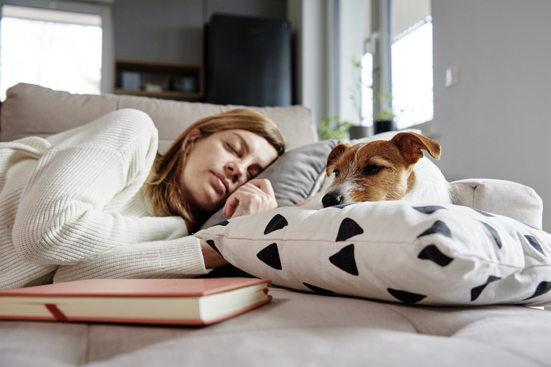 A woman sleeping with her dog on a sofa