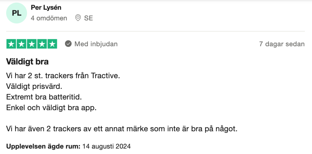 Trustpilot-omdöme om Tractive