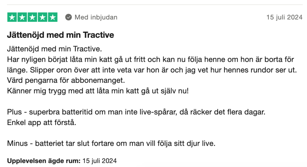 Trustpilot-omdöme om Tractive