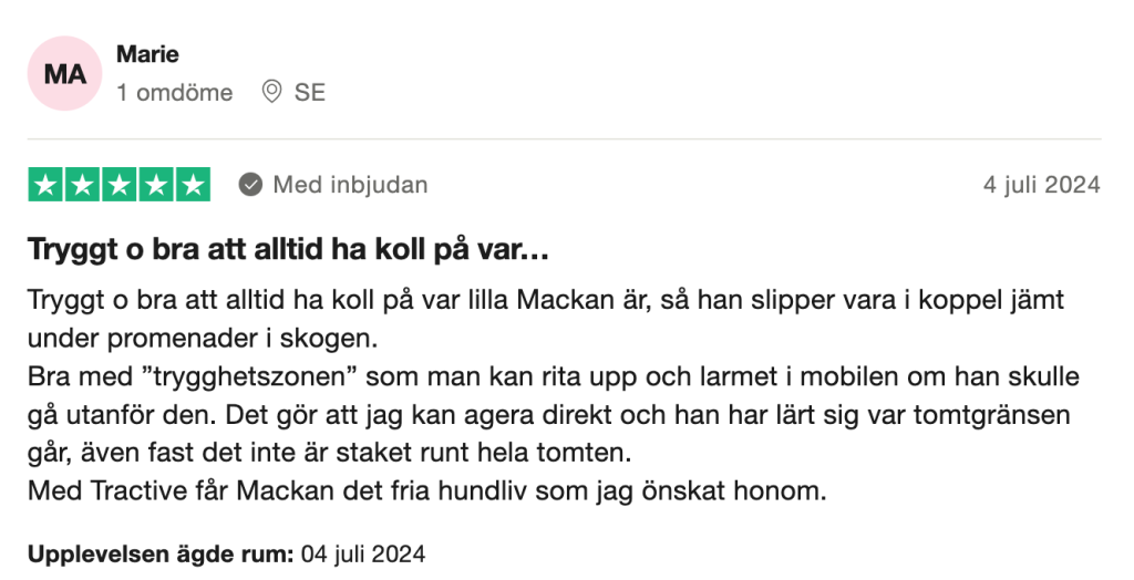 Trustpilot-omdöme om Tractive