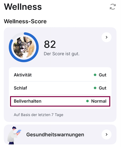 Screenshot des Wellness-Tabs mit Bellverhalten in der Tractive App