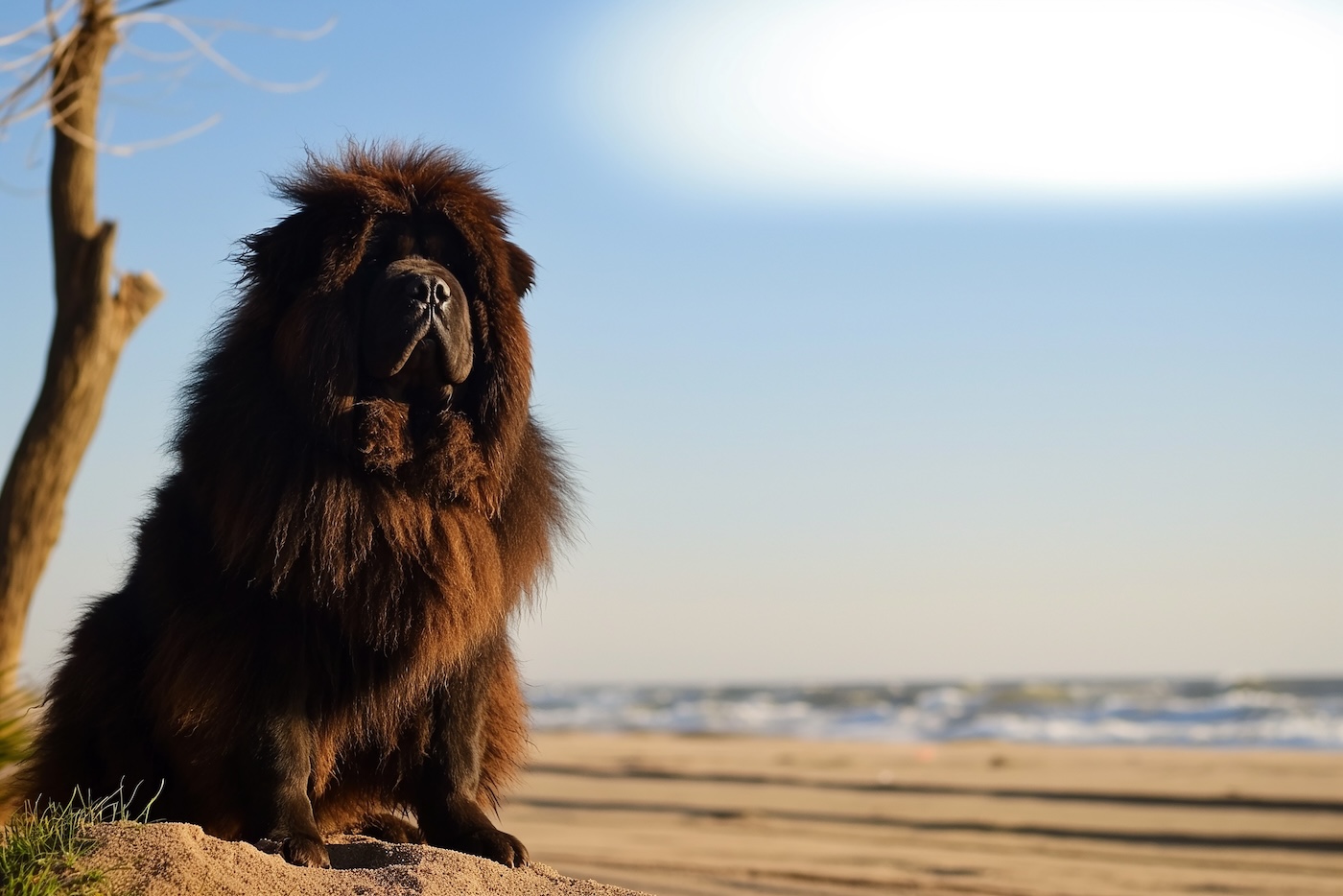 Dunkelbraune tibetische Dogge am Strand