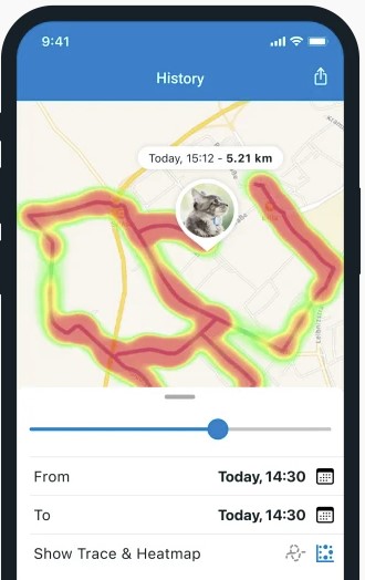 A cat's Heat Map on the Tractive mobile app